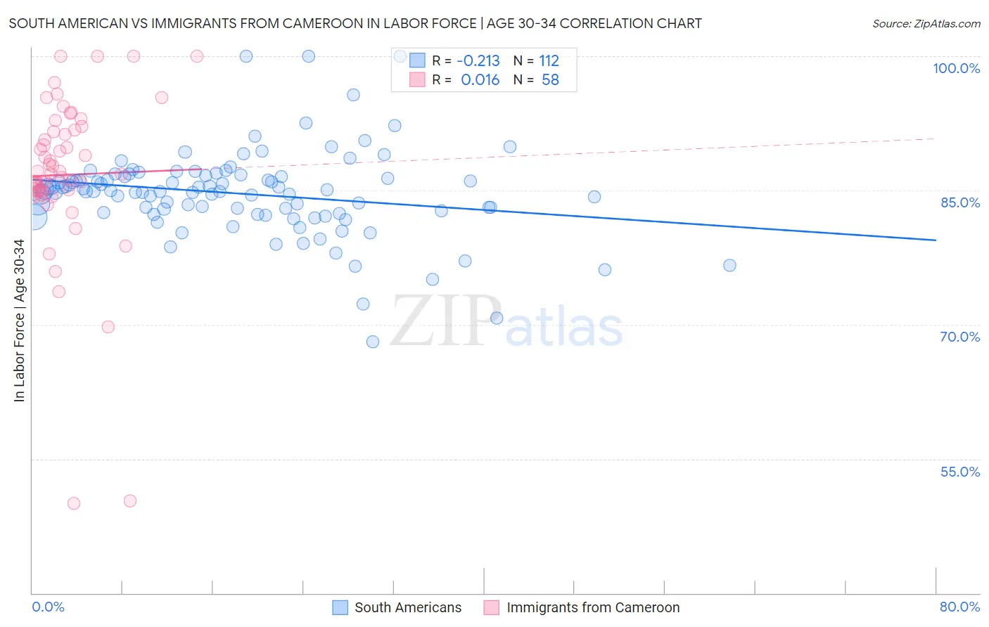 South American vs Immigrants from Cameroon In Labor Force | Age 30-34