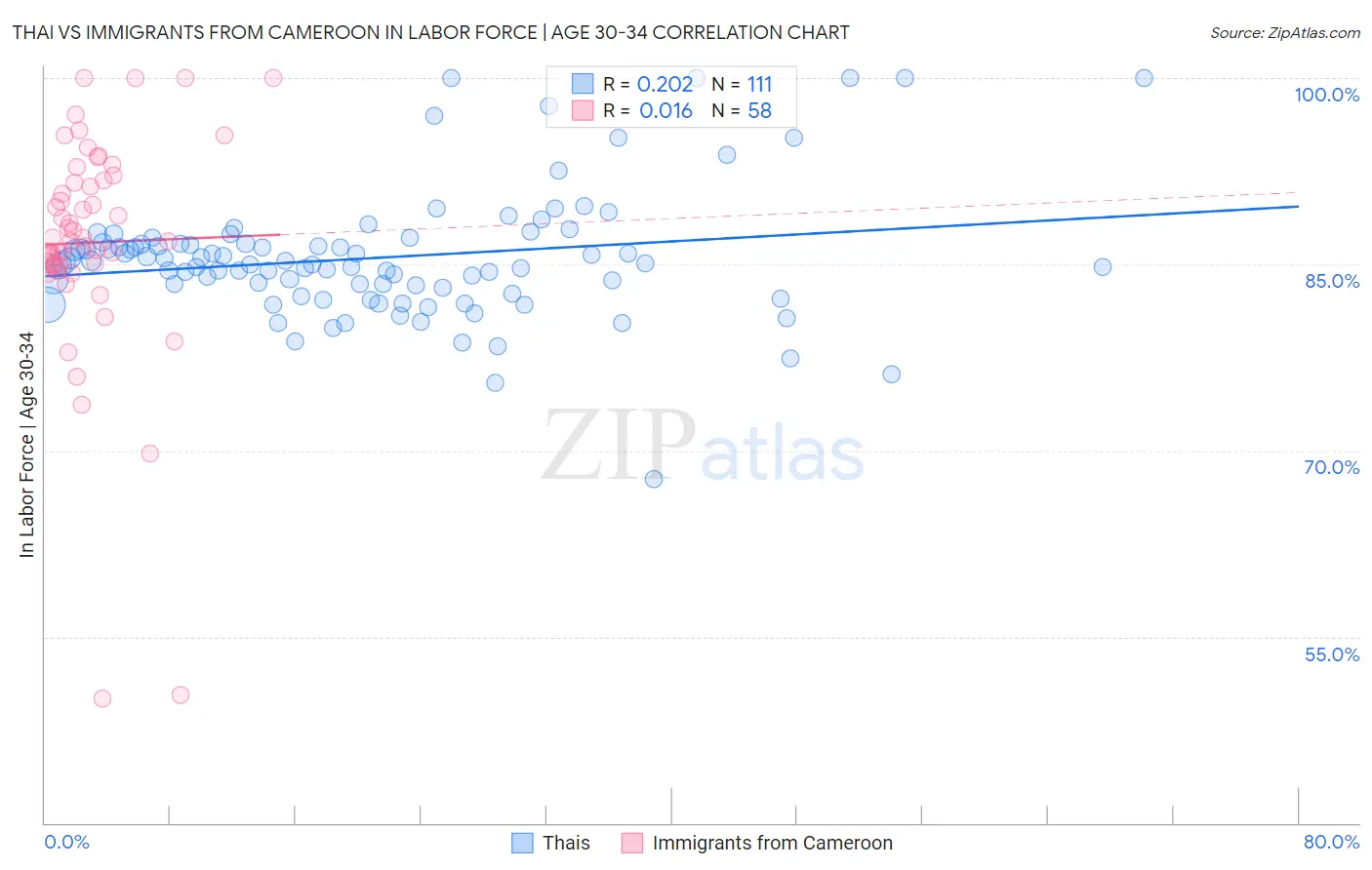 Thai vs Immigrants from Cameroon In Labor Force | Age 30-34