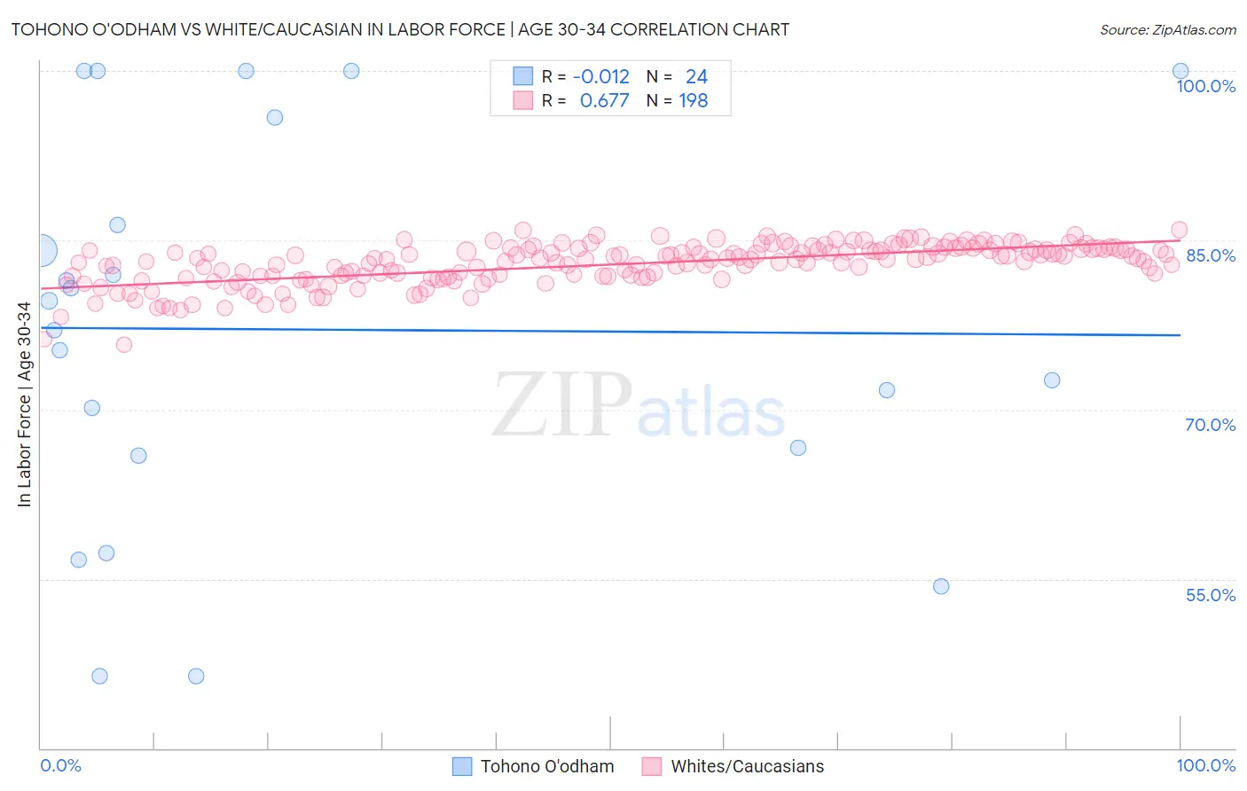 Tohono O'odham vs White/Caucasian In Labor Force | Age 30-34