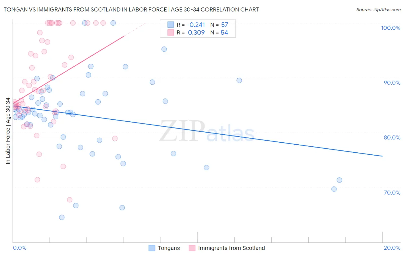 Tongan vs Immigrants from Scotland In Labor Force | Age 30-34