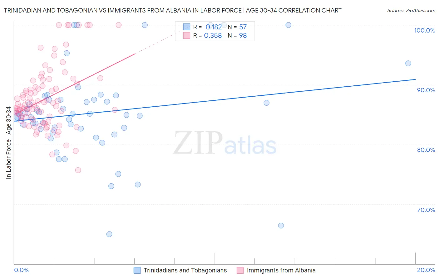 Trinidadian and Tobagonian vs Immigrants from Albania In Labor Force | Age 30-34