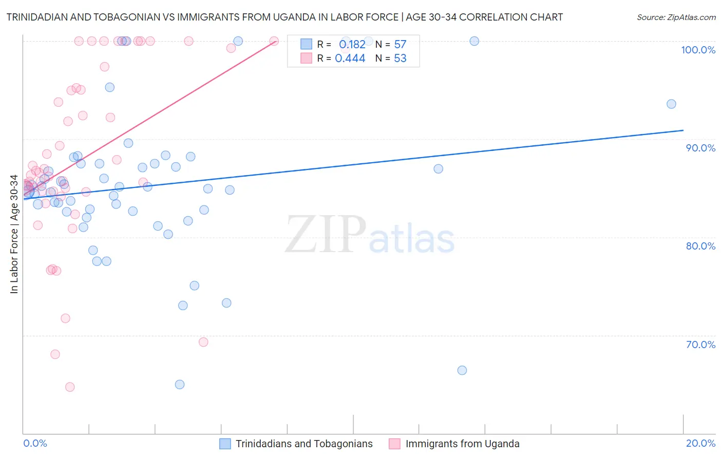 Trinidadian and Tobagonian vs Immigrants from Uganda In Labor Force | Age 30-34