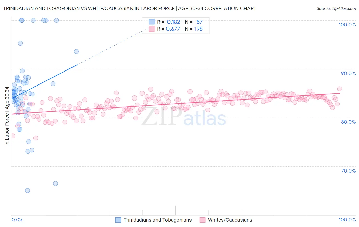 Trinidadian and Tobagonian vs White/Caucasian In Labor Force | Age 30-34