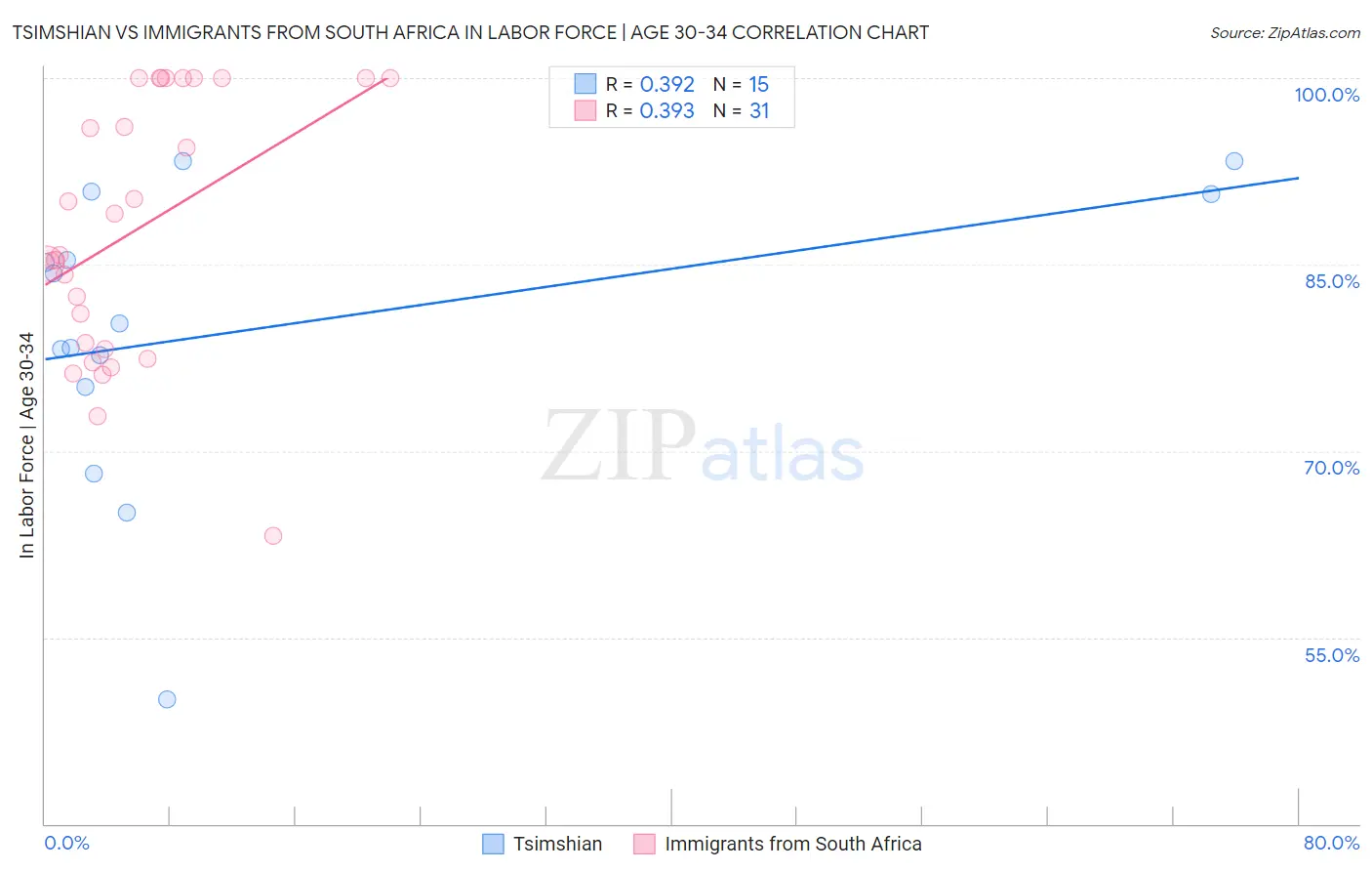 Tsimshian vs Immigrants from South Africa In Labor Force | Age 30-34