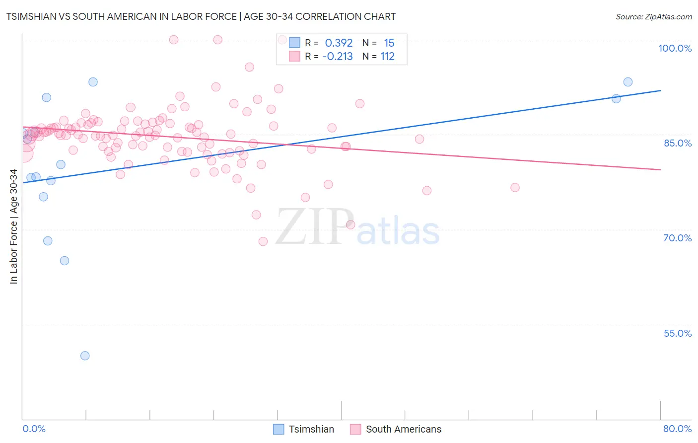 Tsimshian vs South American In Labor Force | Age 30-34