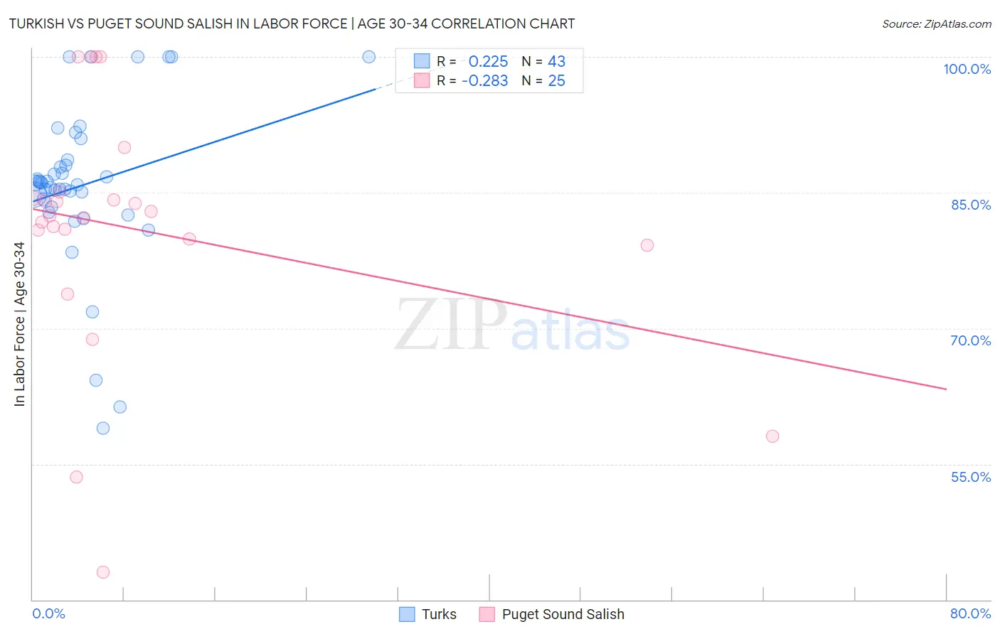 Turkish vs Puget Sound Salish In Labor Force | Age 30-34