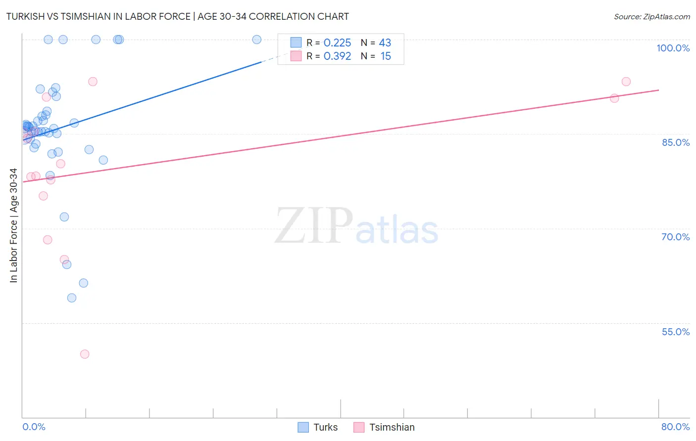 Turkish vs Tsimshian In Labor Force | Age 30-34