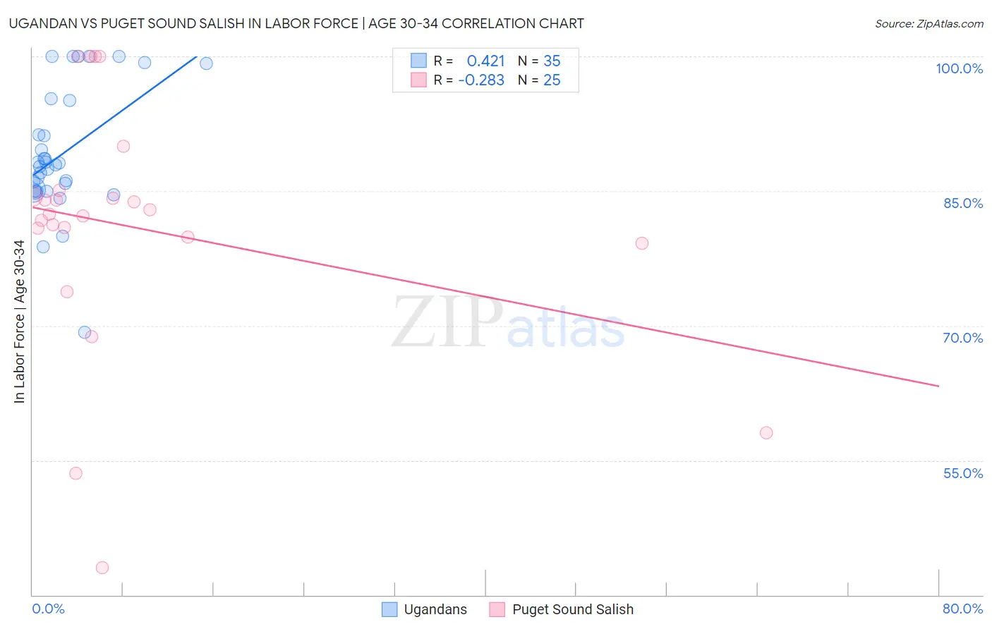 Ugandan vs Puget Sound Salish In Labor Force | Age 30-34