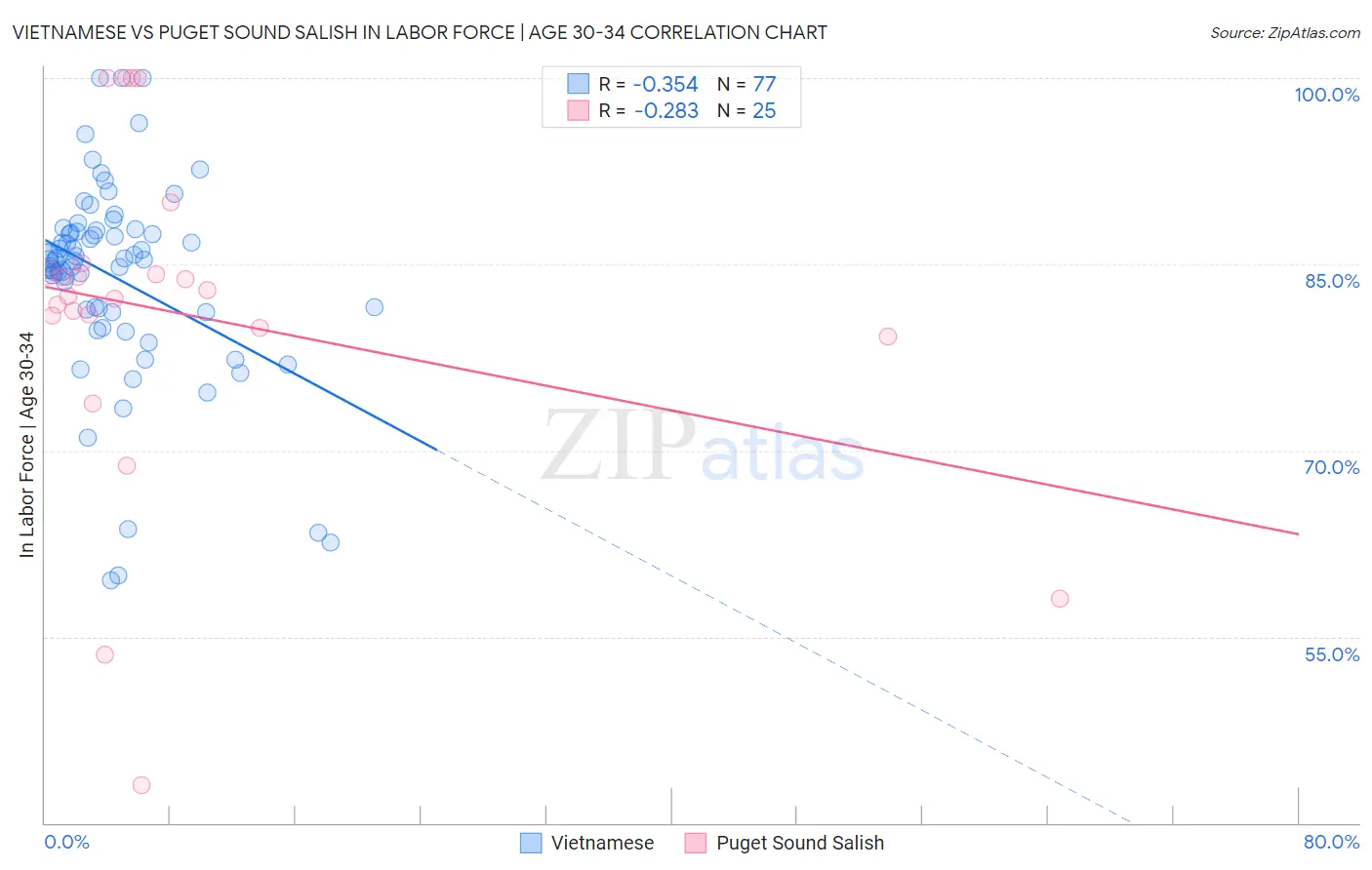 Vietnamese vs Puget Sound Salish In Labor Force | Age 30-34