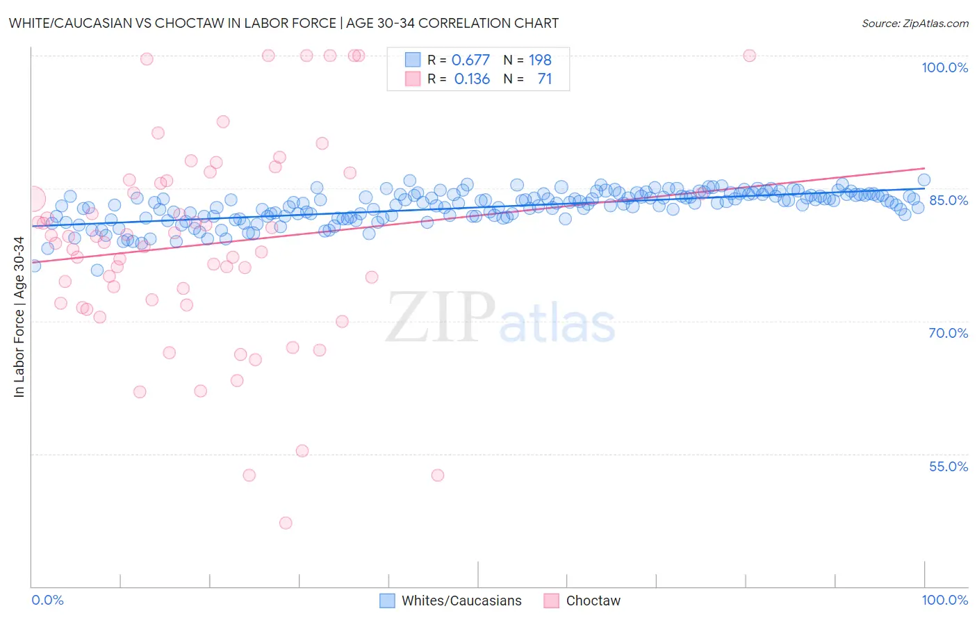 White/Caucasian vs Choctaw In Labor Force | Age 30-34