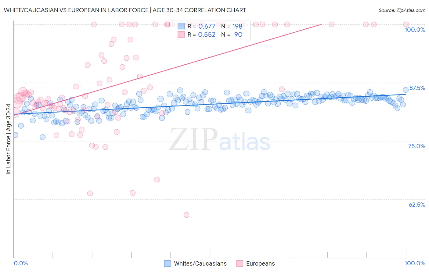 White/Caucasian vs European In Labor Force | Age 30-34