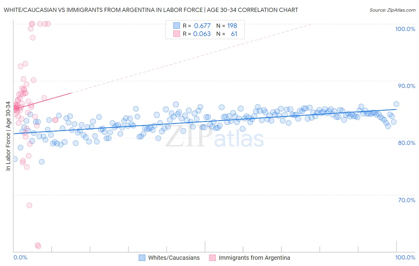 White/Caucasian vs Immigrants from Argentina In Labor Force | Age 30-34