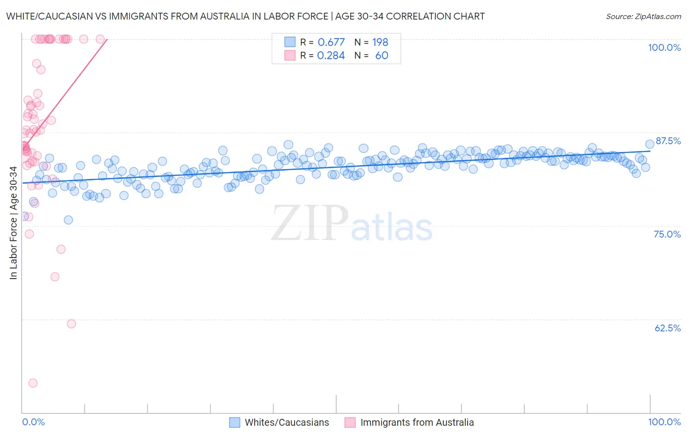 White/Caucasian vs Immigrants from Australia In Labor Force | Age 30-34