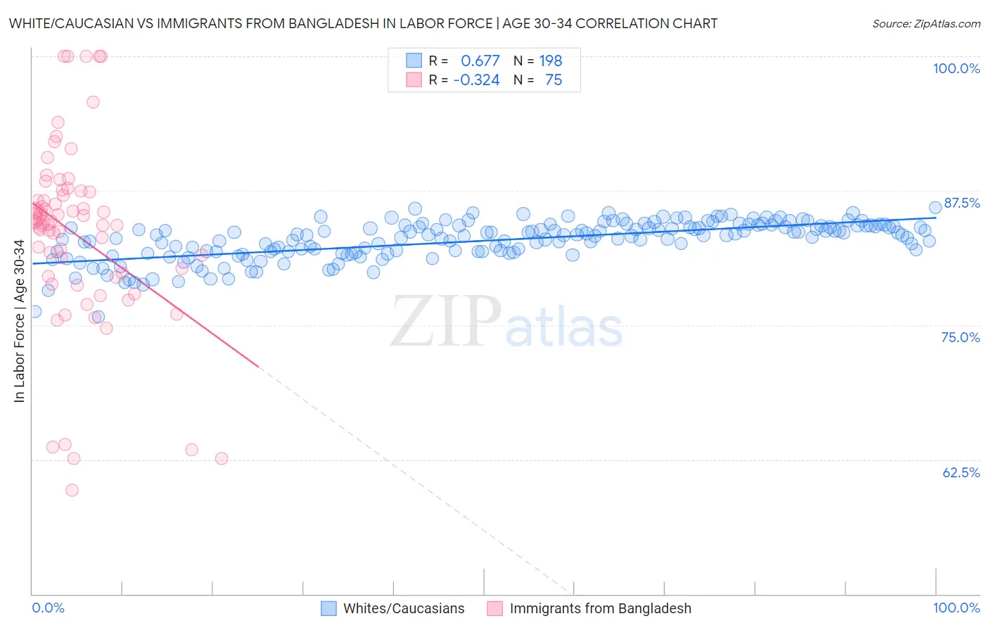 White/Caucasian vs Immigrants from Bangladesh In Labor Force | Age 30-34