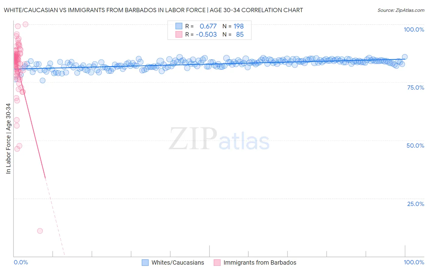 White/Caucasian vs Immigrants from Barbados In Labor Force | Age 30-34