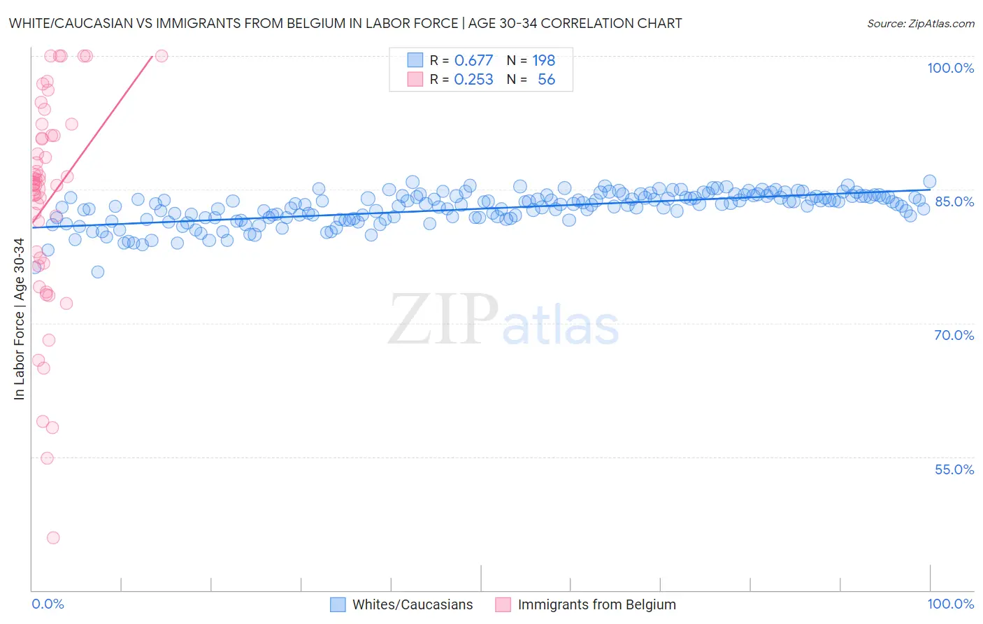 White/Caucasian vs Immigrants from Belgium In Labor Force | Age 30-34