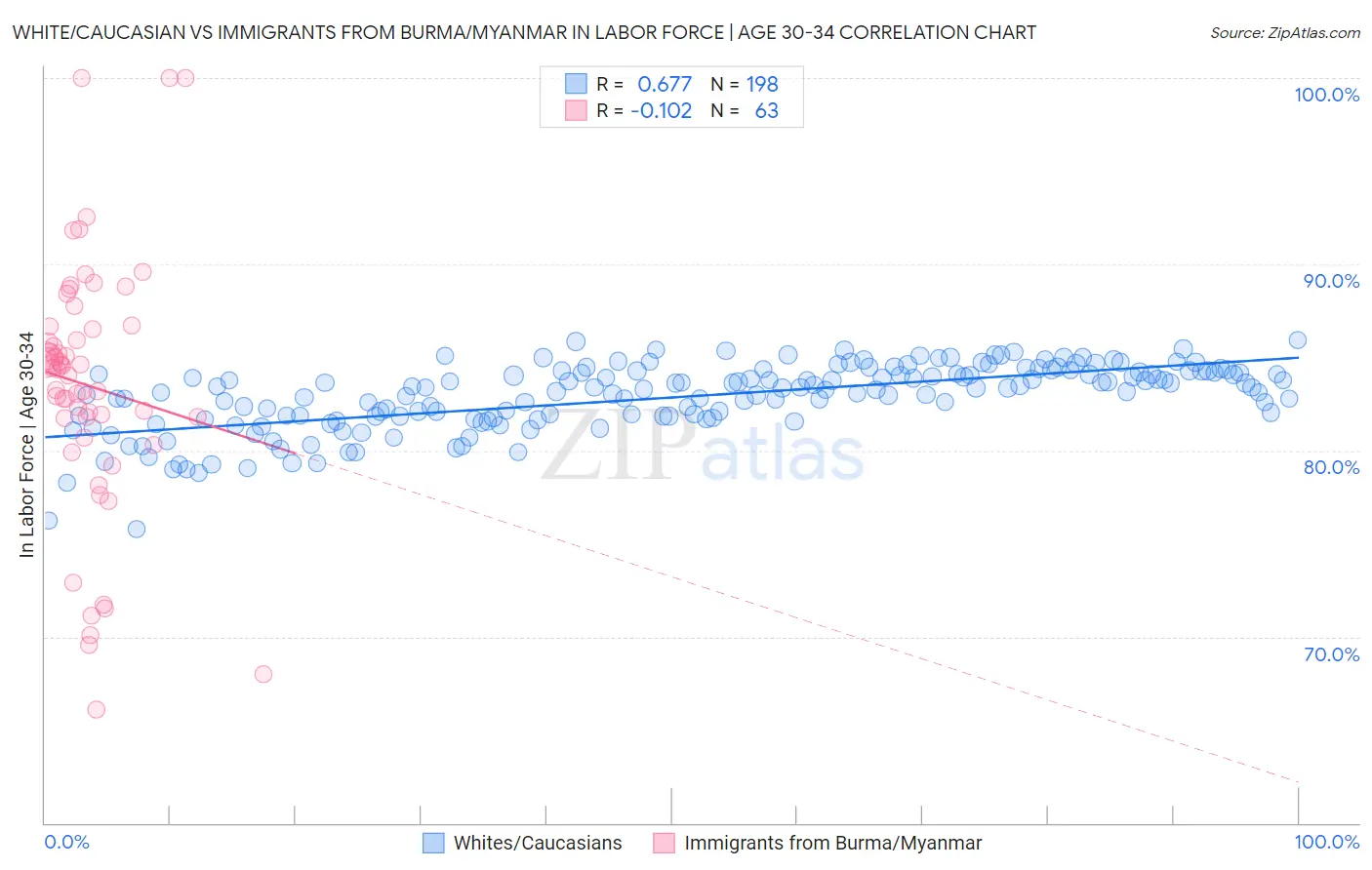 White/Caucasian vs Immigrants from Burma/Myanmar In Labor Force | Age 30-34