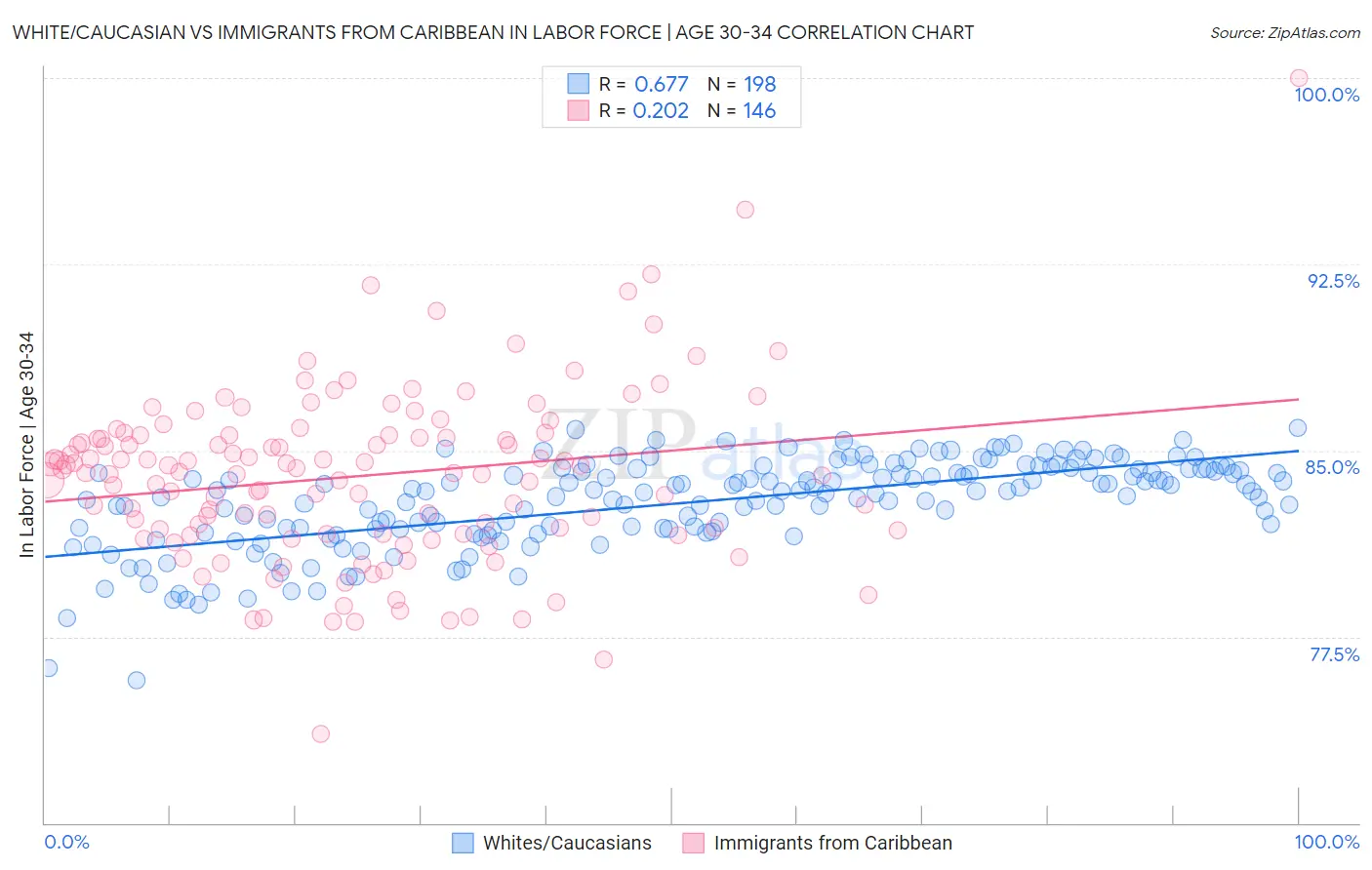 White/Caucasian vs Immigrants from Caribbean In Labor Force | Age 30-34