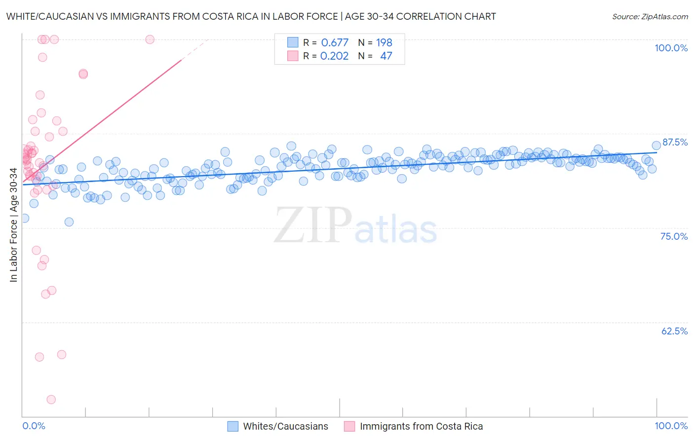 White/Caucasian vs Immigrants from Costa Rica In Labor Force | Age 30-34