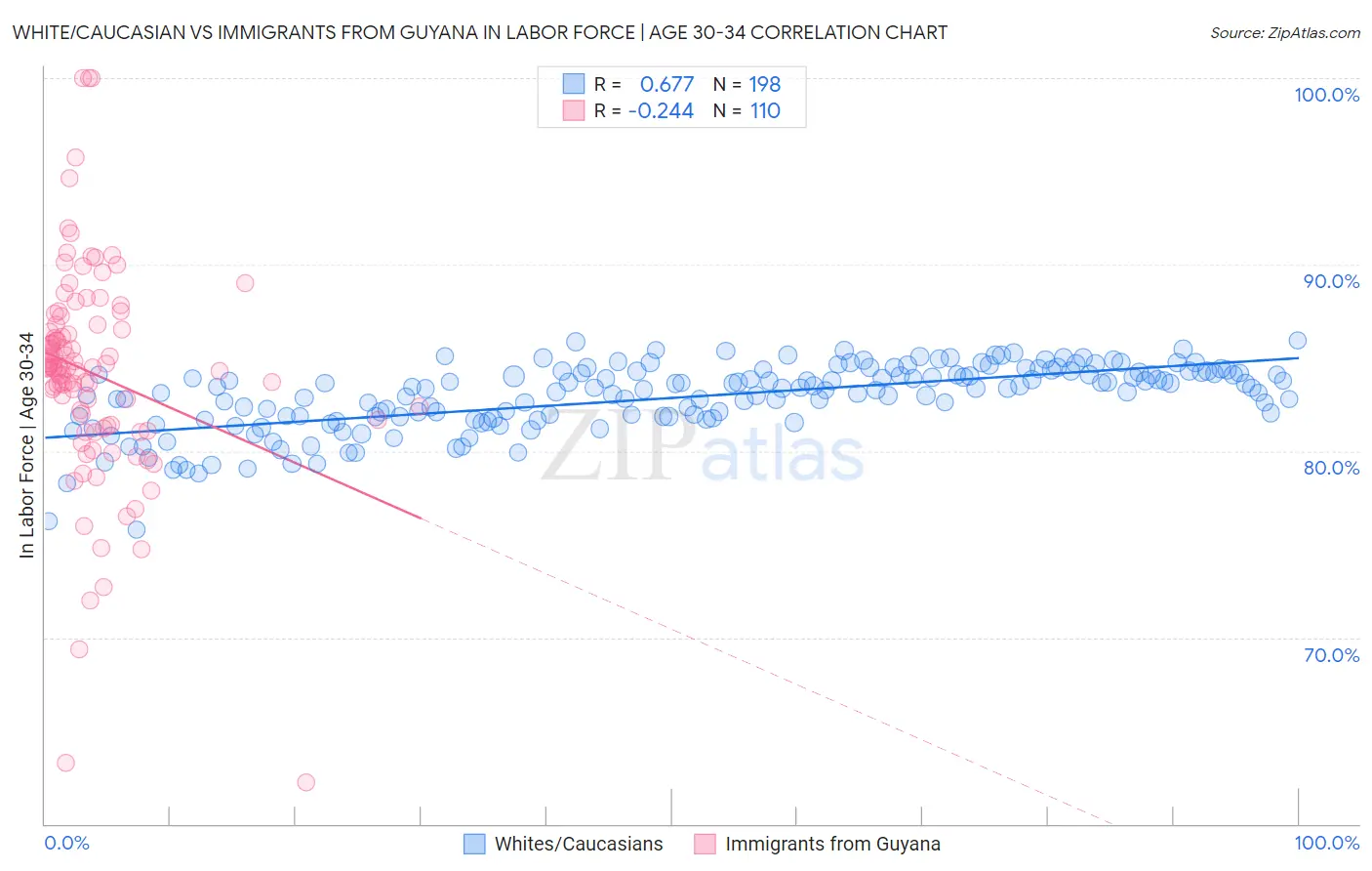 White/Caucasian vs Immigrants from Guyana In Labor Force | Age 30-34