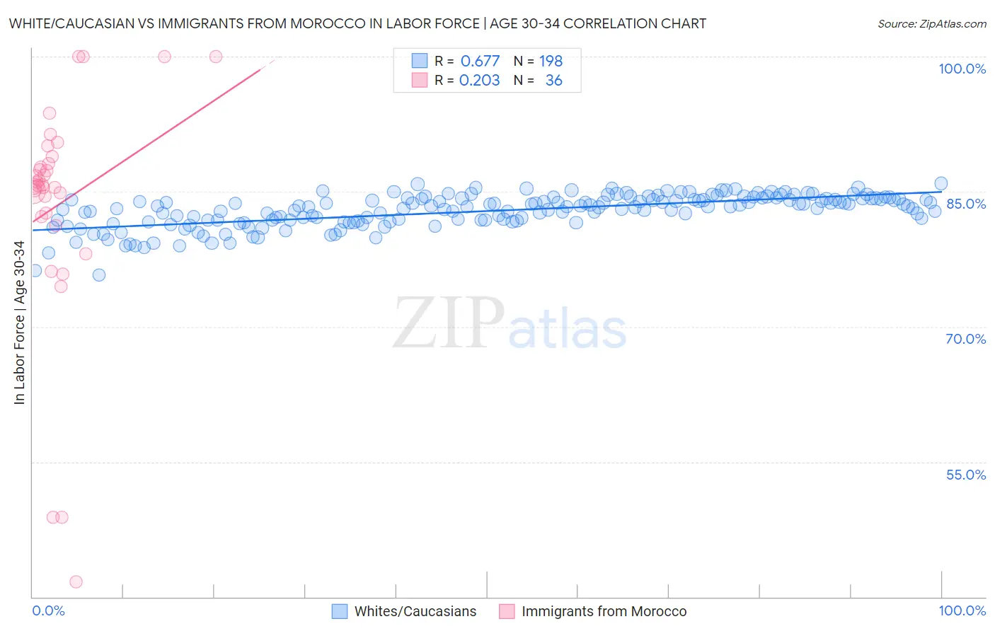 White/Caucasian vs Immigrants from Morocco In Labor Force | Age 30-34