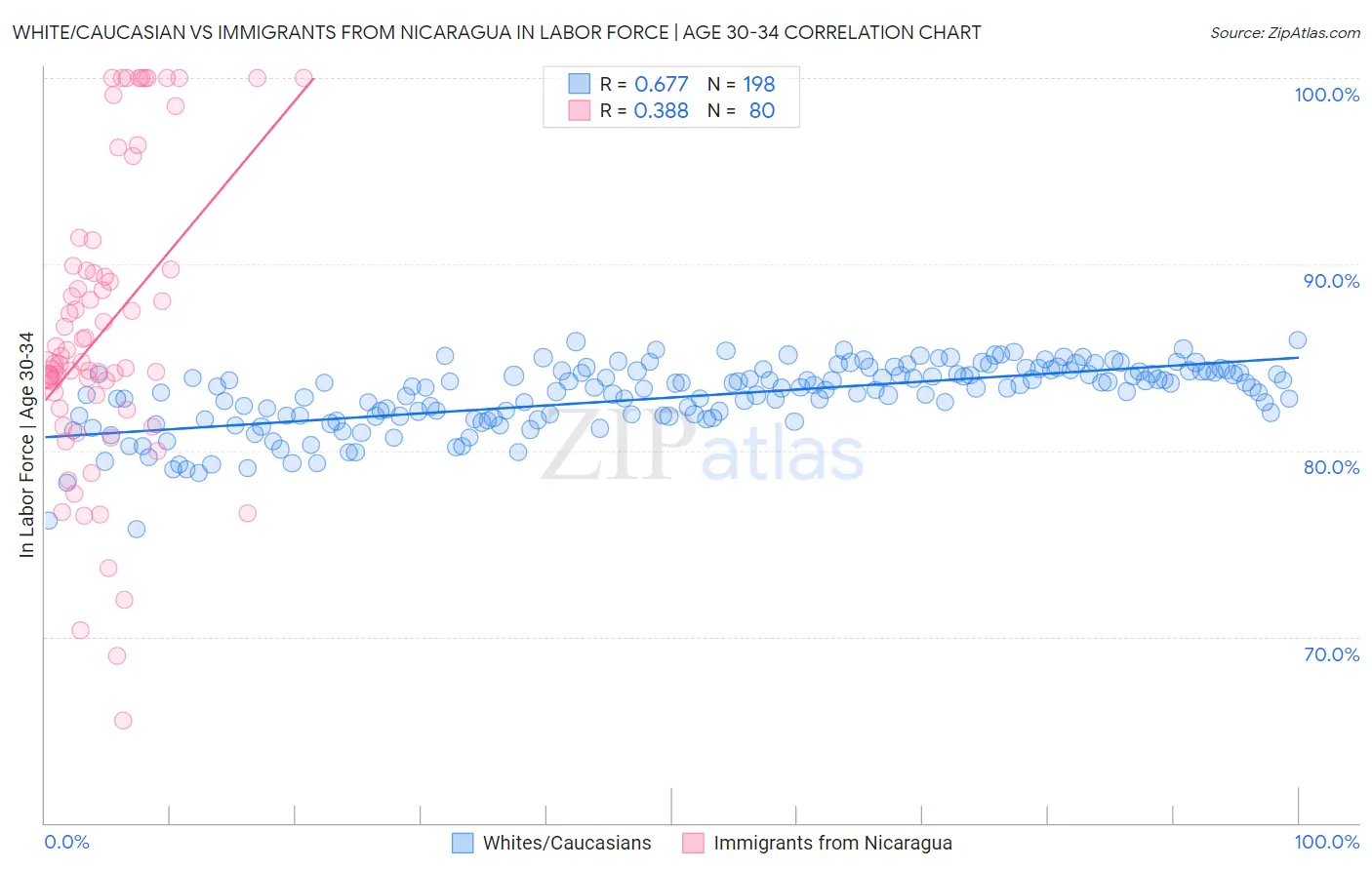 White/Caucasian vs Immigrants from Nicaragua In Labor Force | Age 30-34