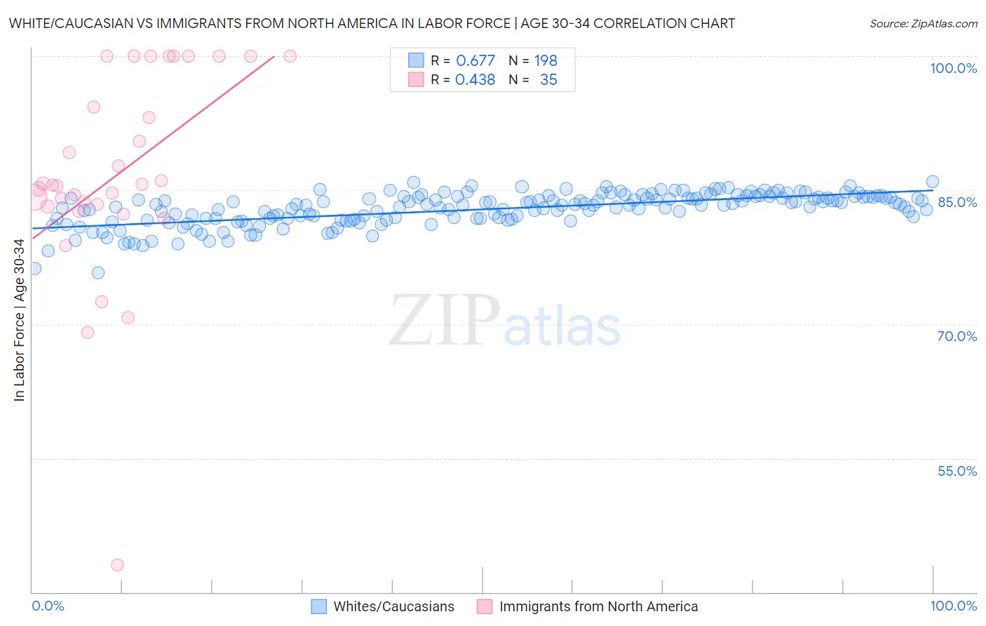 White/Caucasian vs Immigrants from North America In Labor Force | Age 30-34