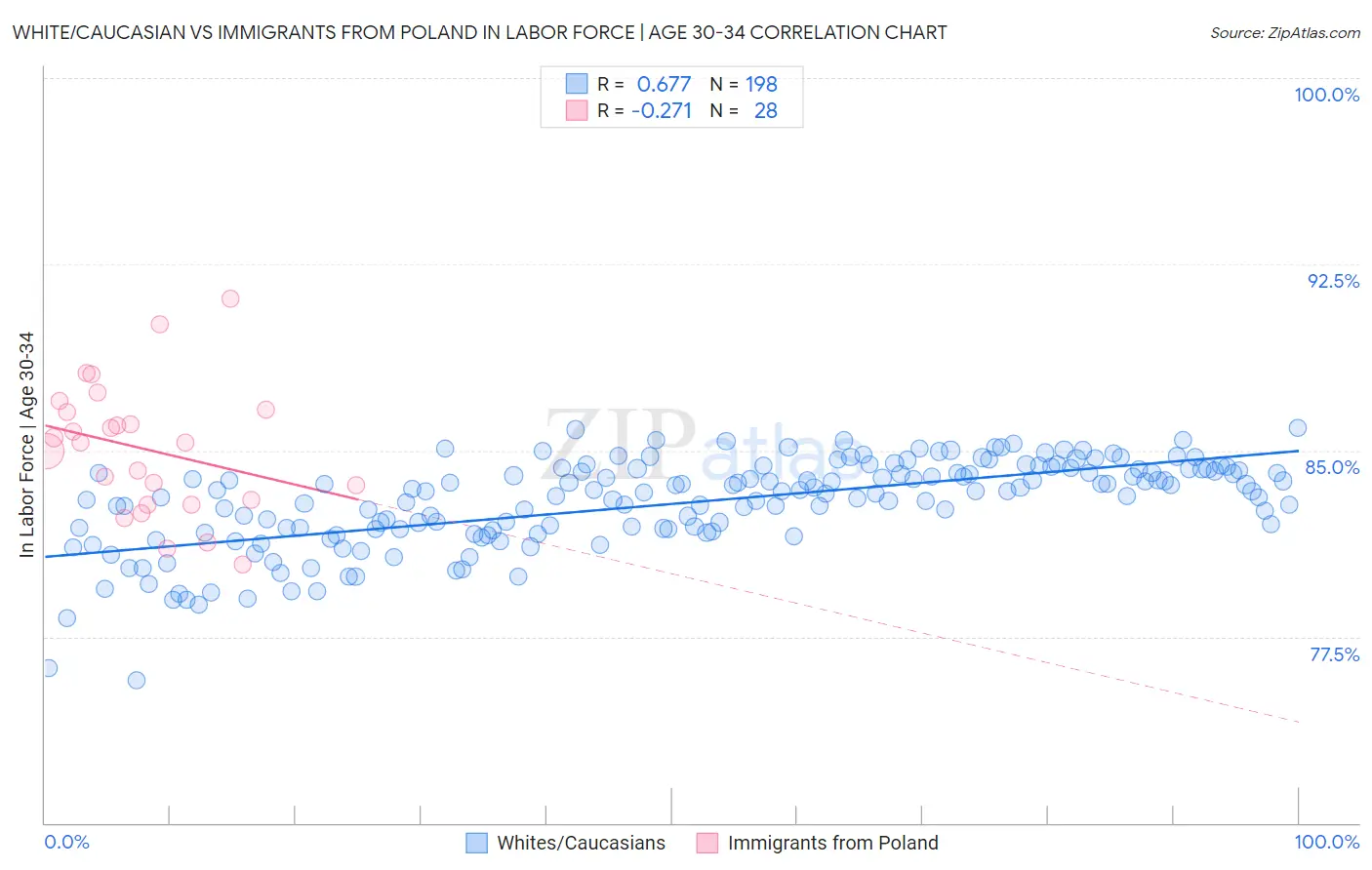 White/Caucasian vs Immigrants from Poland In Labor Force | Age 30-34