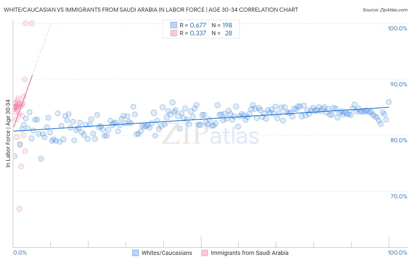 White/Caucasian vs Immigrants from Saudi Arabia In Labor Force | Age 30-34