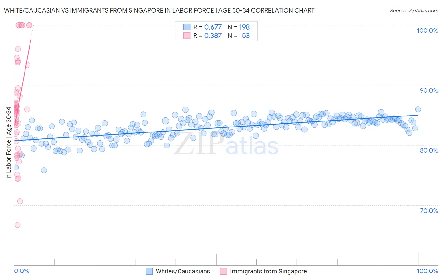 White/Caucasian vs Immigrants from Singapore In Labor Force | Age 30-34