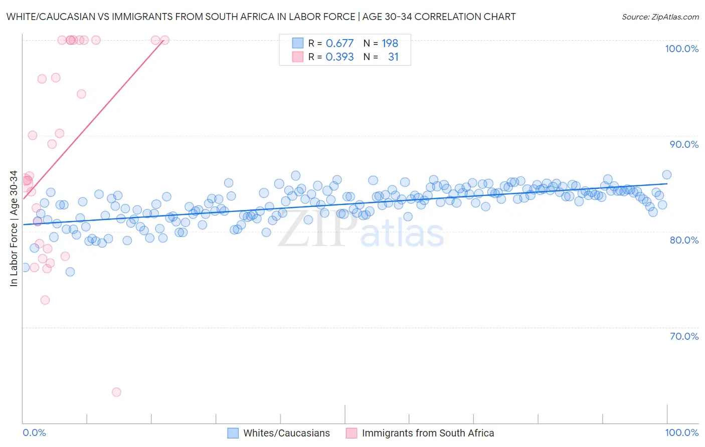 White/Caucasian vs Immigrants from South Africa In Labor Force | Age 30-34