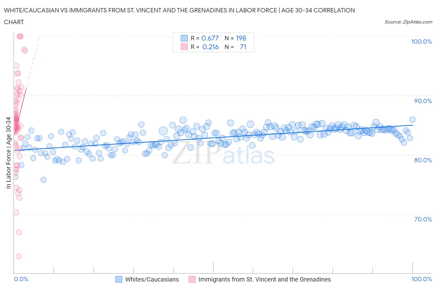 White/Caucasian vs Immigrants from St. Vincent and the Grenadines In Labor Force | Age 30-34