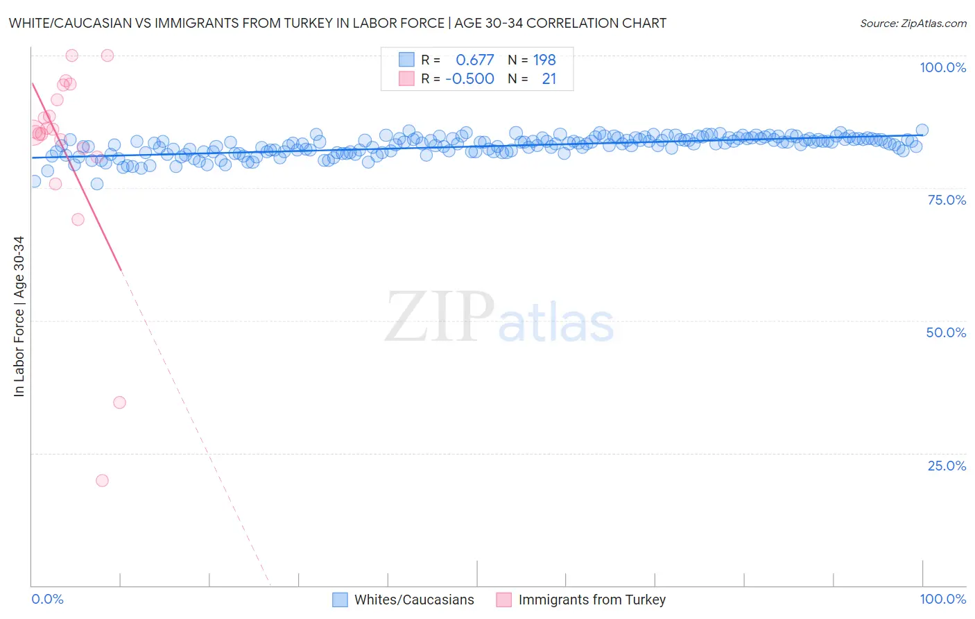 White/Caucasian vs Immigrants from Turkey In Labor Force | Age 30-34