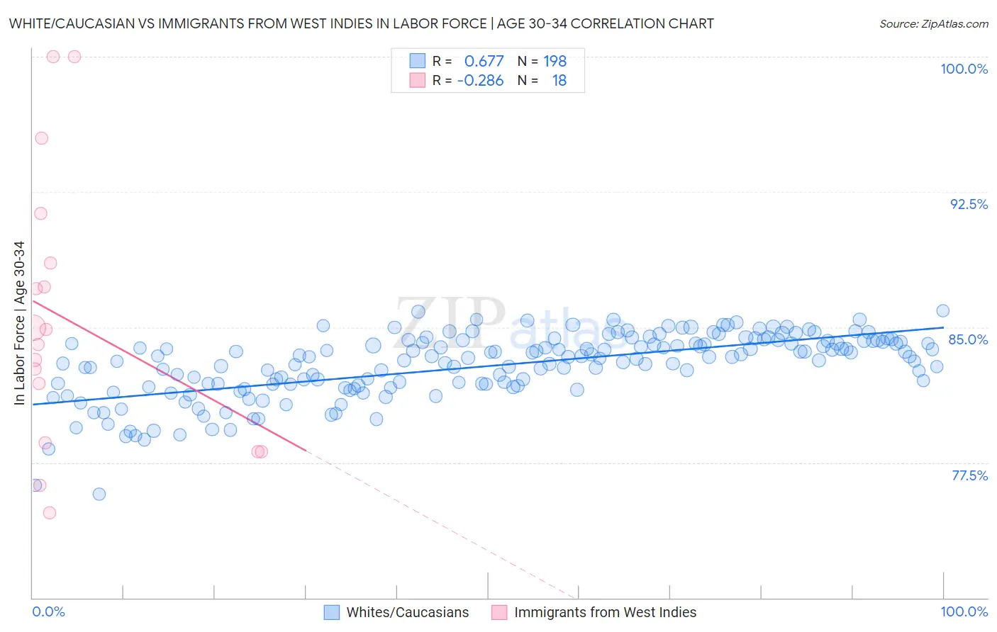 White/Caucasian vs Immigrants from West Indies In Labor Force | Age 30-34