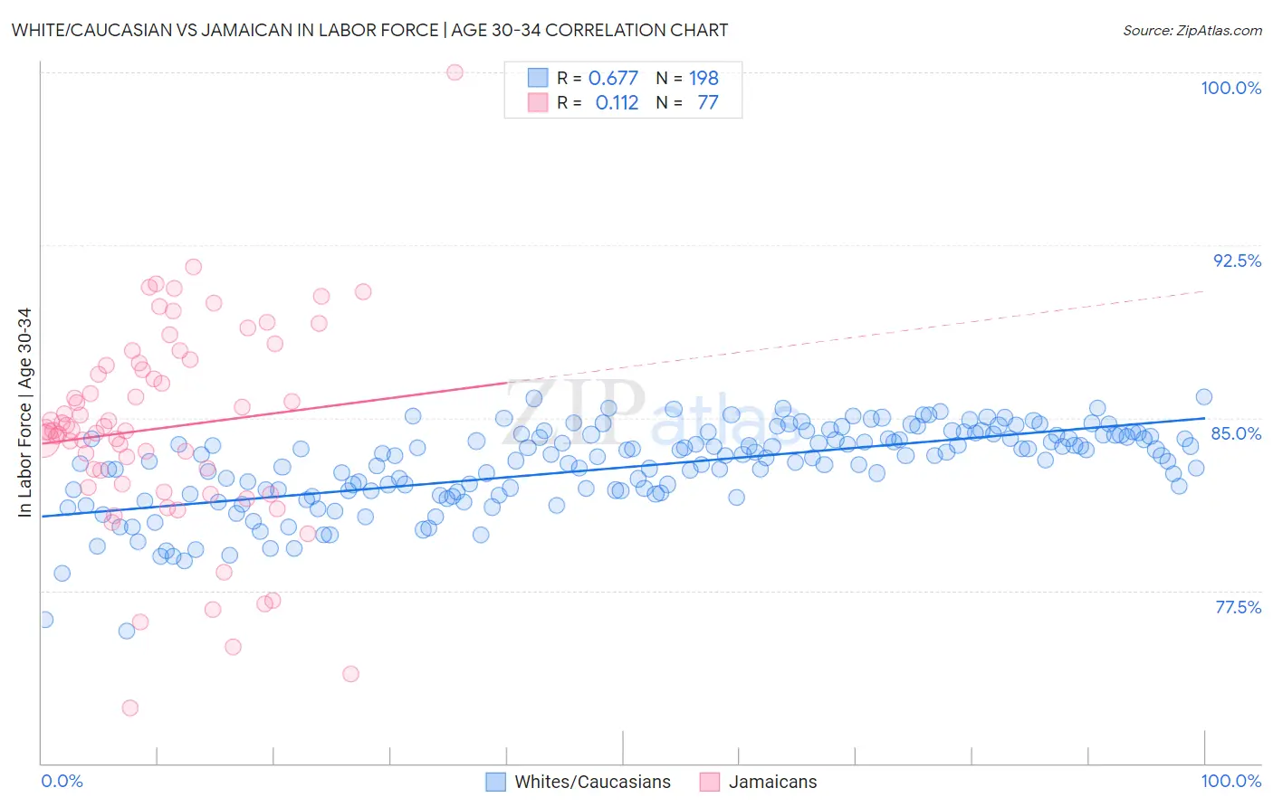 White/Caucasian vs Jamaican In Labor Force | Age 30-34