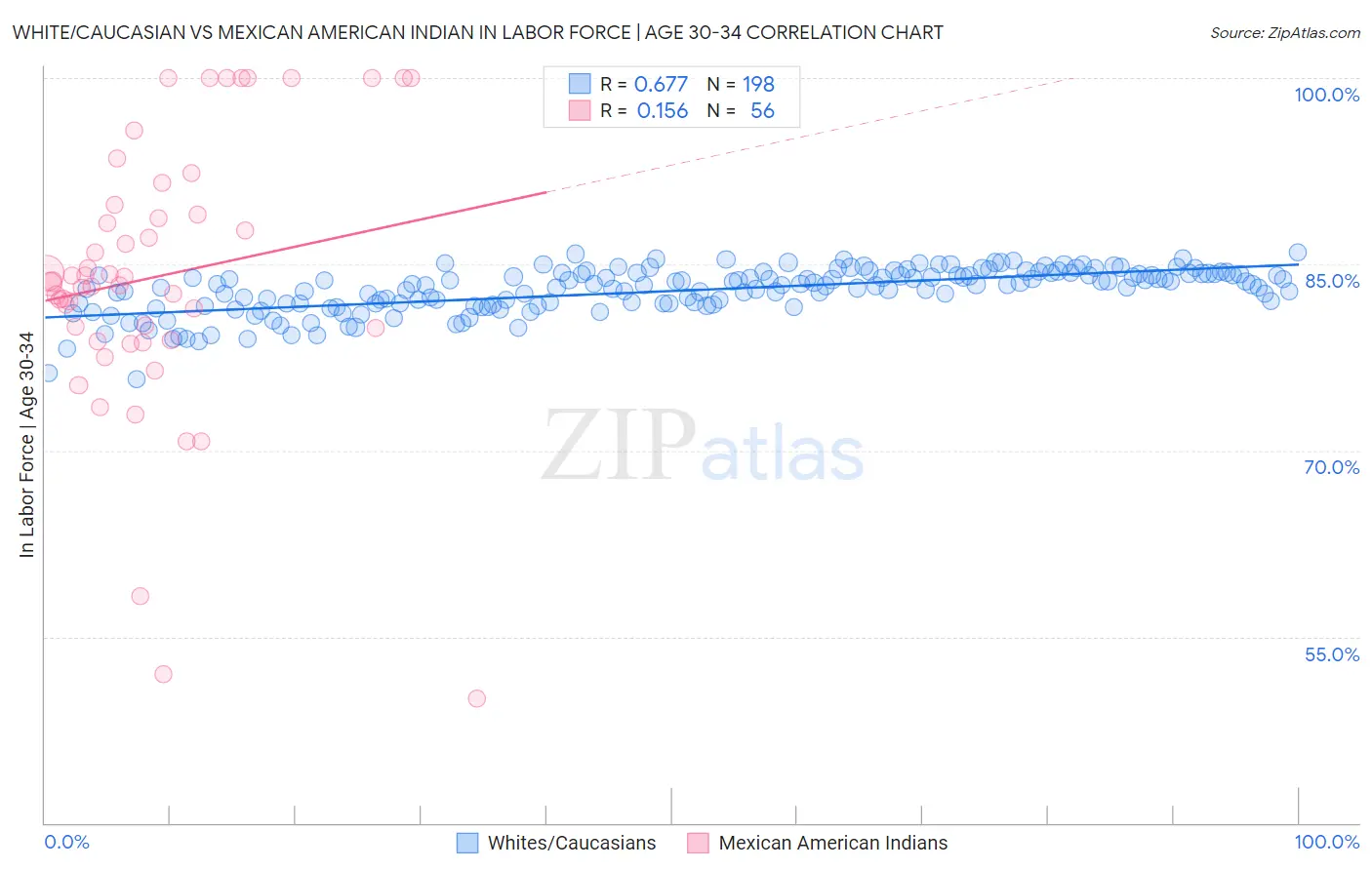 White/Caucasian vs Mexican American Indian In Labor Force | Age 30-34