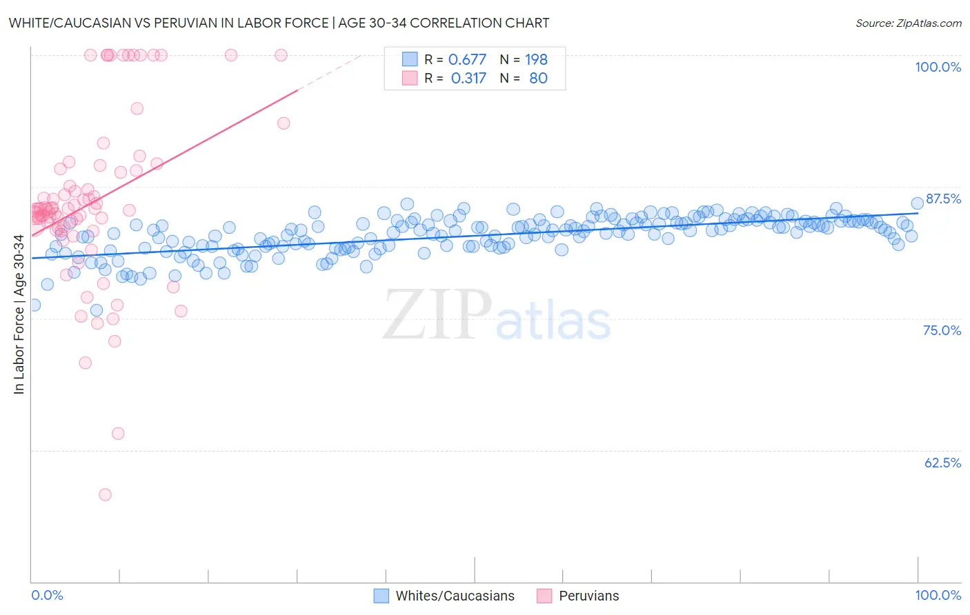 White/Caucasian vs Peruvian In Labor Force | Age 30-34