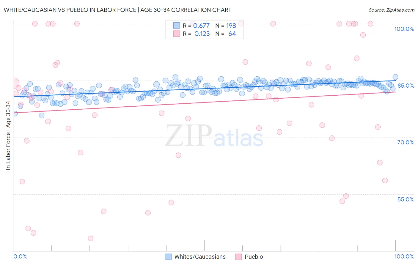 White/Caucasian vs Pueblo In Labor Force | Age 30-34