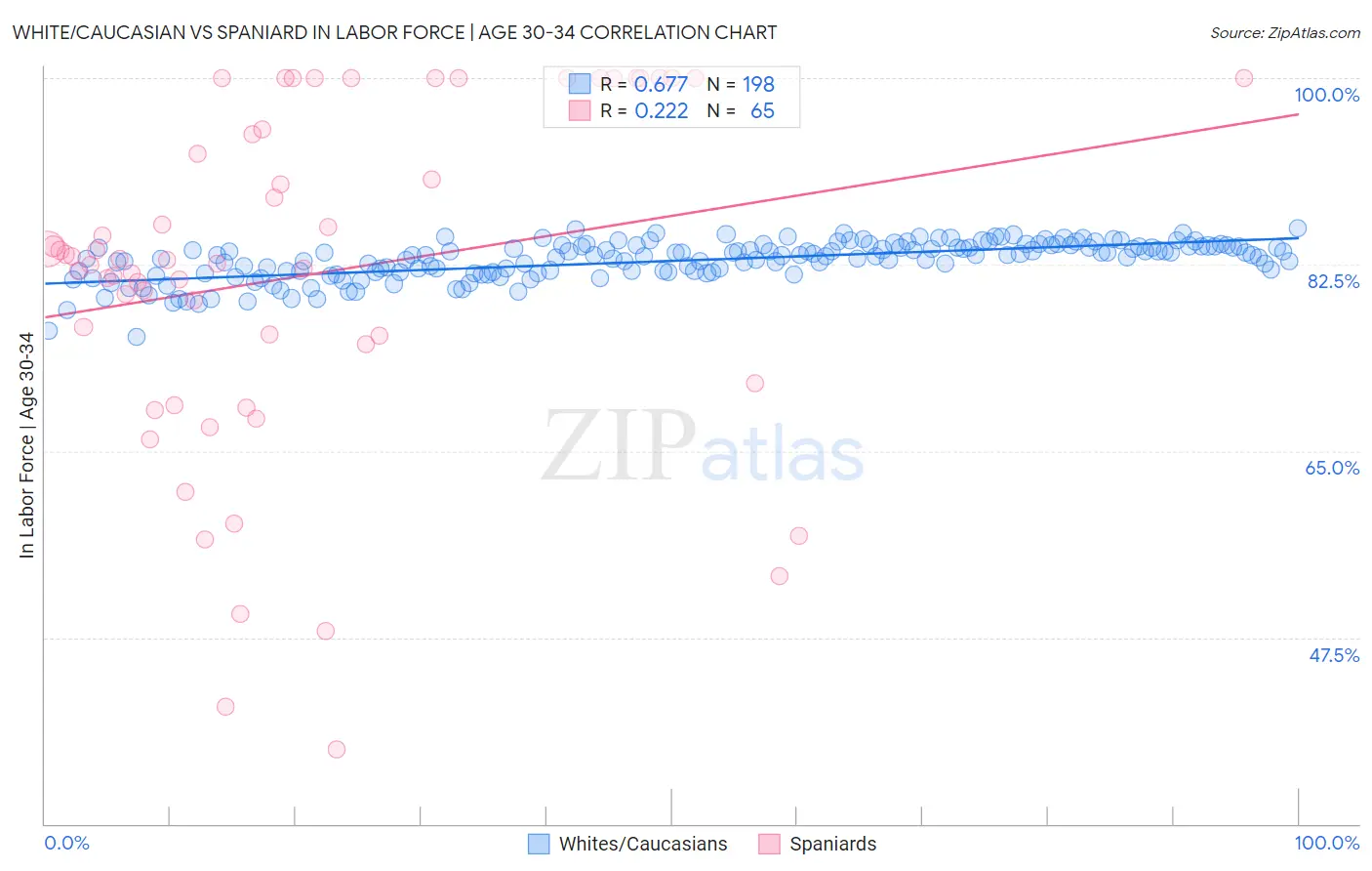 White/Caucasian vs Spaniard In Labor Force | Age 30-34