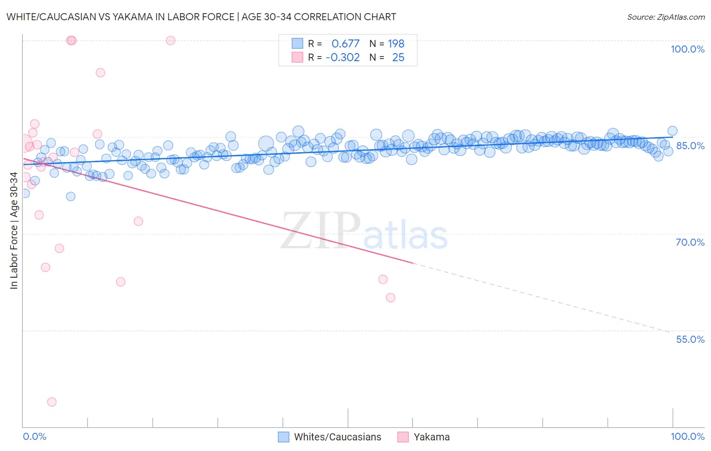 White/Caucasian vs Yakama In Labor Force | Age 30-34