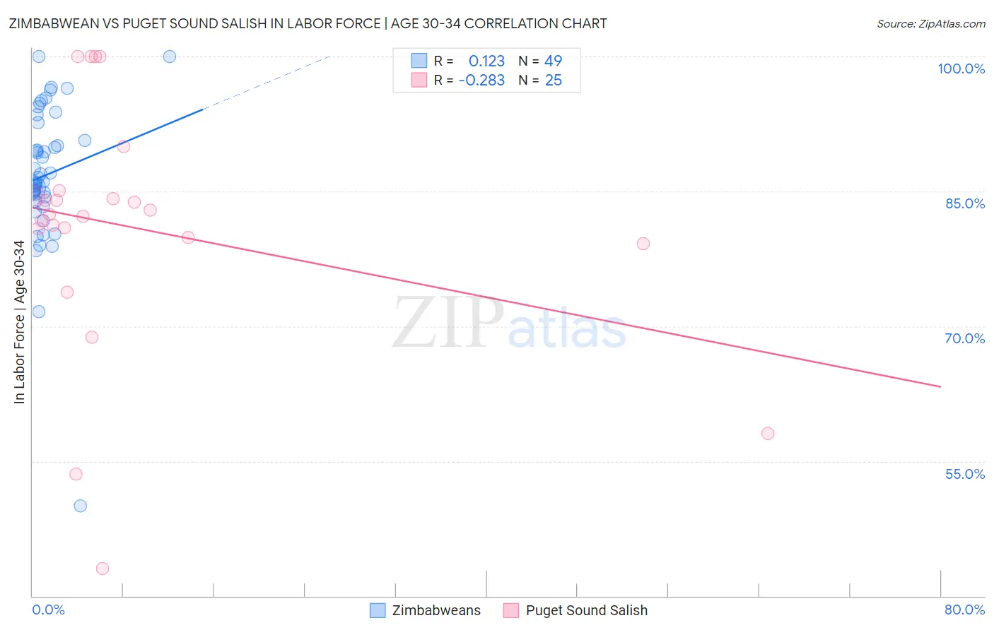 Zimbabwean vs Puget Sound Salish In Labor Force | Age 30-34
