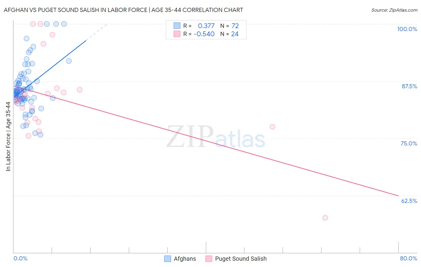 Afghan vs Puget Sound Salish In Labor Force | Age 35-44