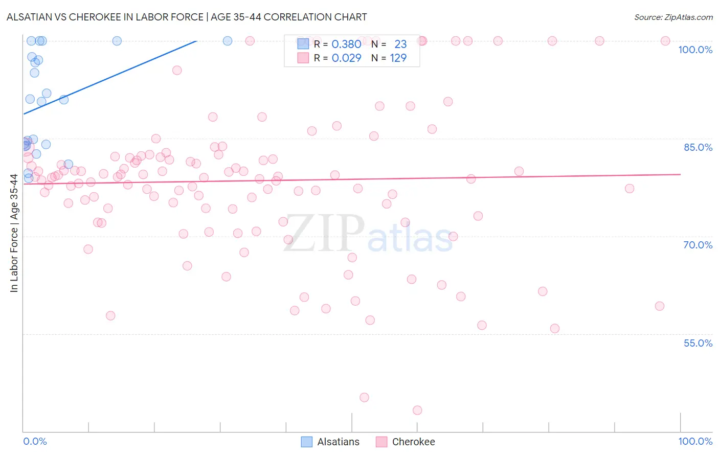 Alsatian vs Cherokee In Labor Force | Age 35-44