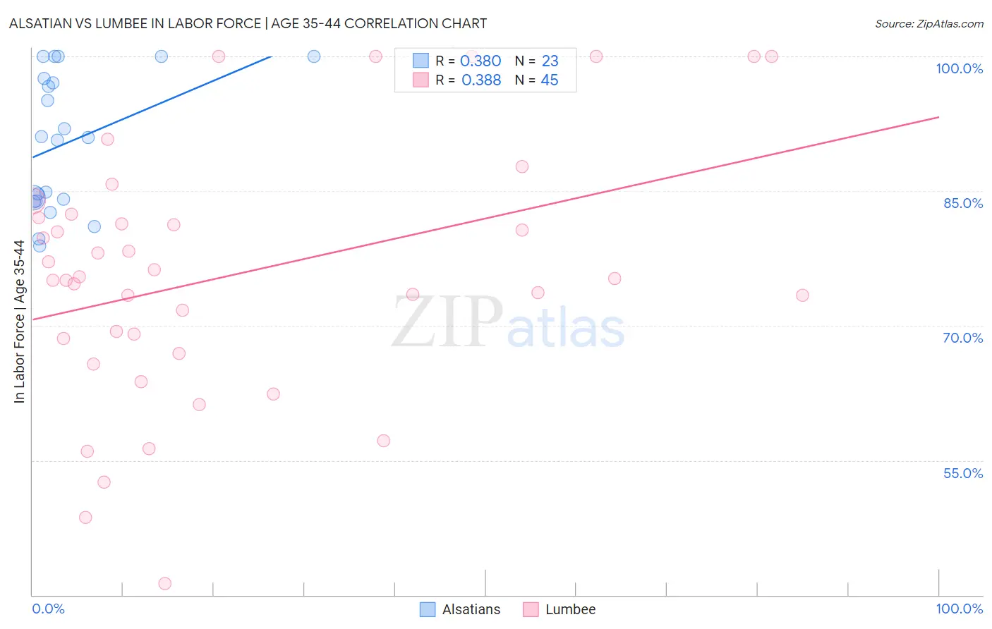 Alsatian vs Lumbee In Labor Force | Age 35-44