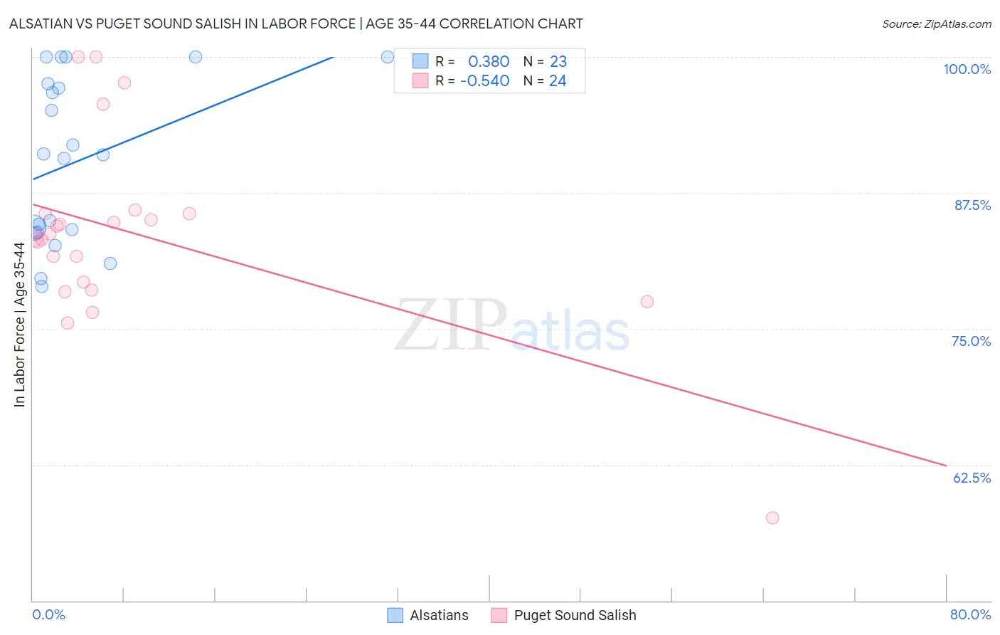 Alsatian vs Puget Sound Salish In Labor Force | Age 35-44