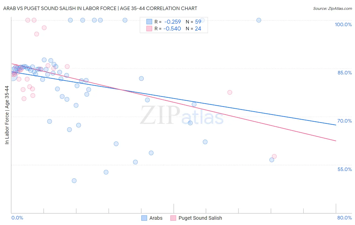 Arab vs Puget Sound Salish In Labor Force | Age 35-44