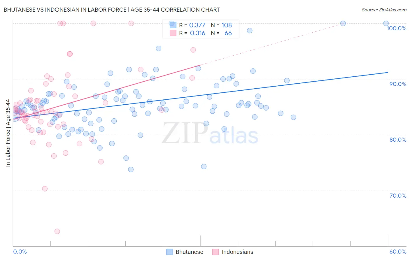 Bhutanese vs Indonesian In Labor Force | Age 35-44