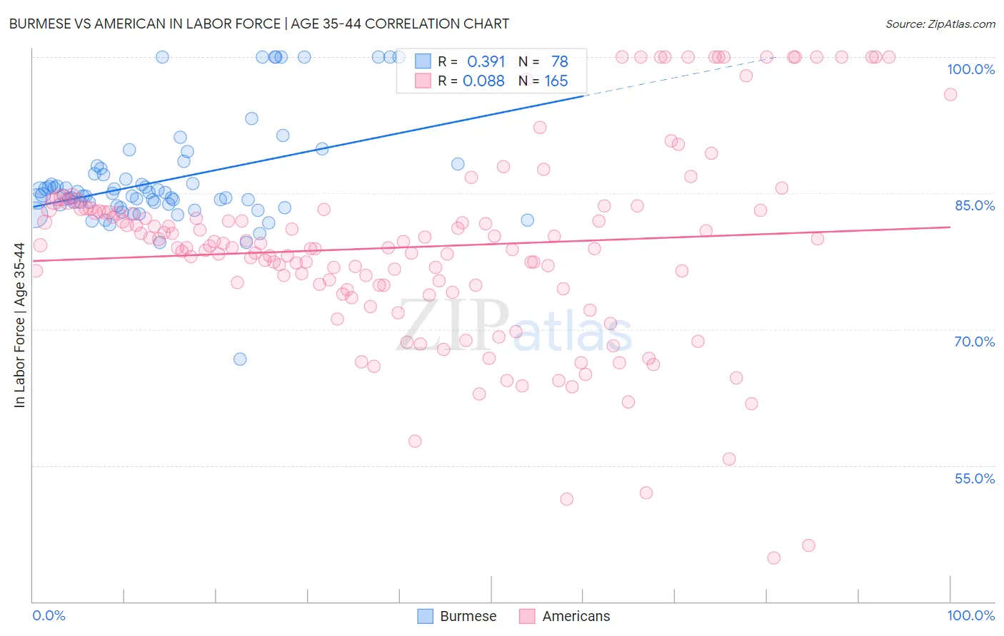 Burmese vs American In Labor Force | Age 35-44