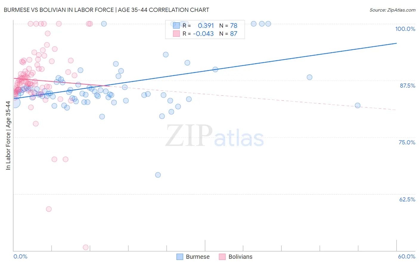 Burmese vs Bolivian In Labor Force | Age 35-44