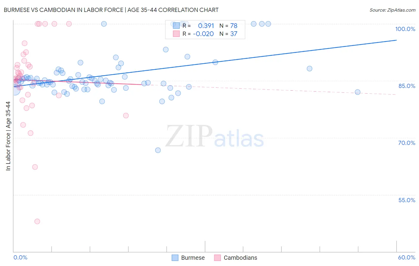 Burmese vs Cambodian In Labor Force | Age 35-44